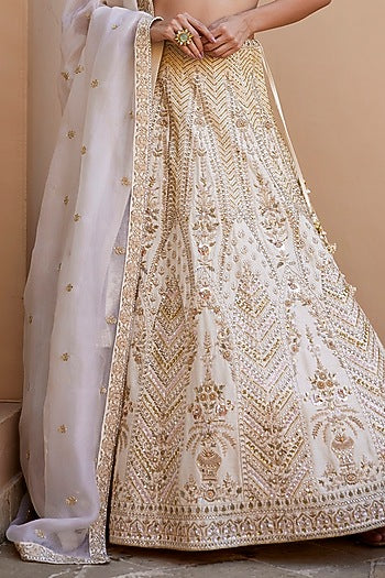 Ivory Raw Silk Kundan & Zardosi Embellished Lehenga Set
