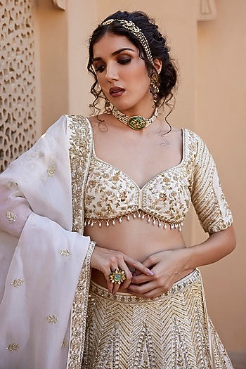 Ivory Raw Silk Kundan & Zardosi Embellished Lehenga Set