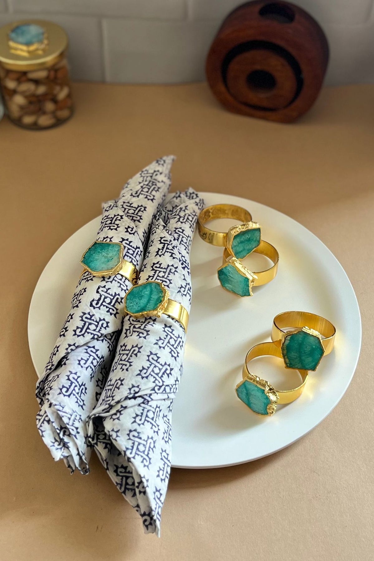 Green Agate & Metal Napkin Rings (Set of 6)