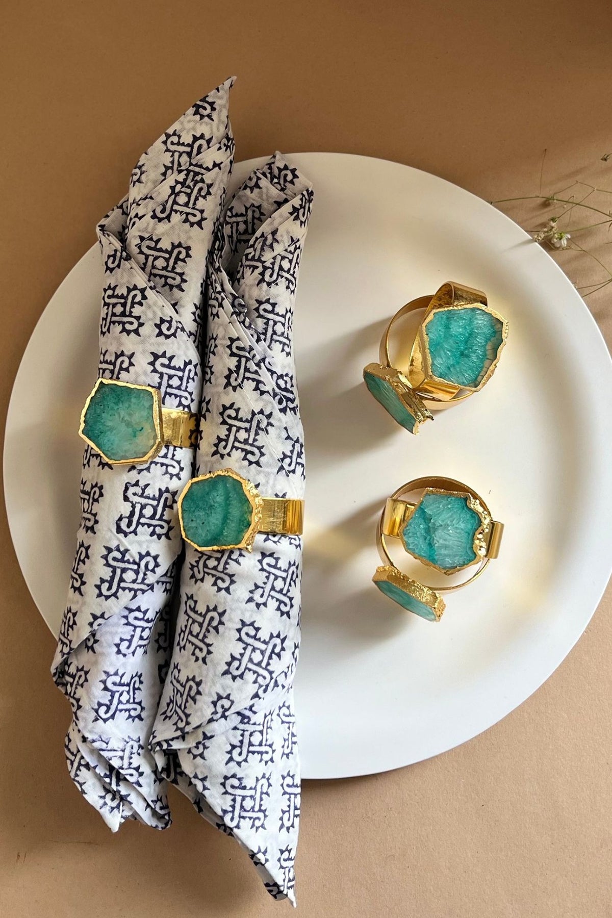 Green Agate & Metal Napkin Rings (Set of 6)