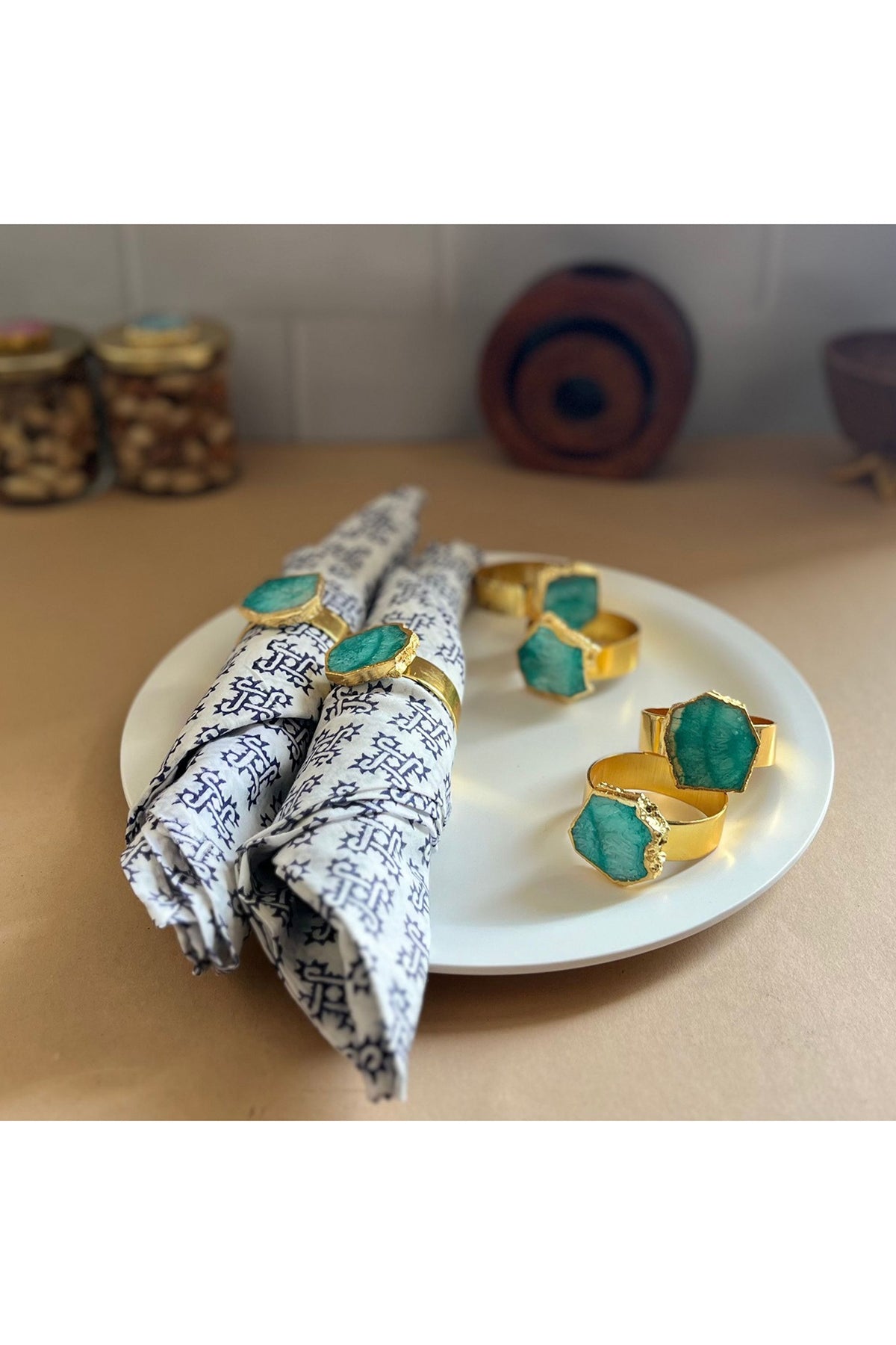 Green Agate & Metal Napkin Rings (Set of 6)