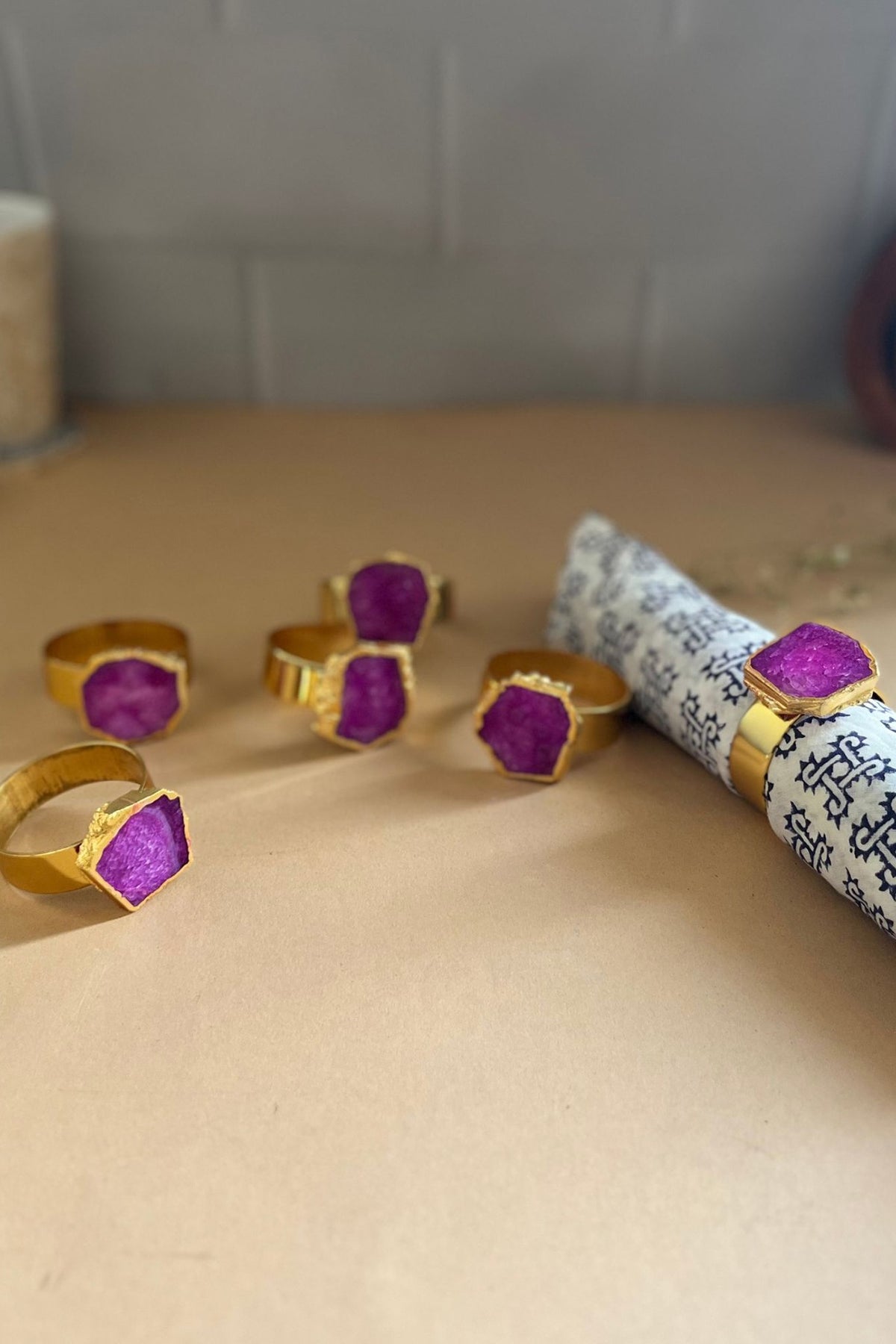 Pink Agate & Metal Napkin Rings (Set of 6)
