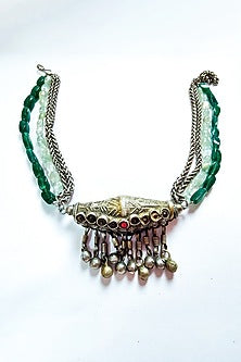 Two-Tone Finish Aquamarine Semi-Precious Stone & Green Aventurine Kuchi Choker Necklace