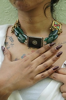 Two-Tone Finish Semi-Precious Stone & Green Aventurine Kuchi Choker Necklace
