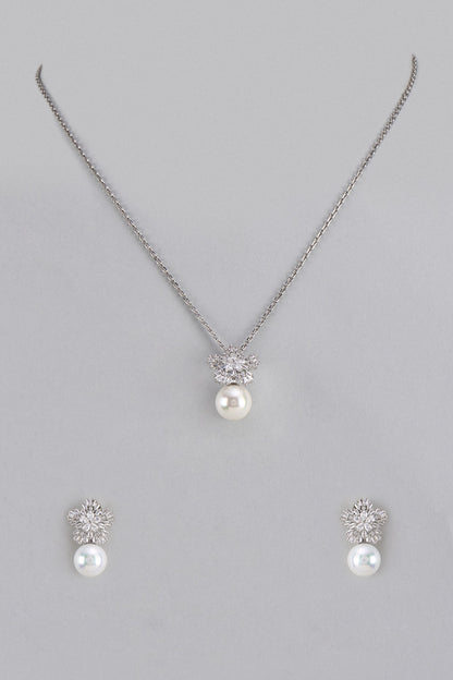 White Gold Plated Austrian Crystal & Pearl Pendant Necklace Set