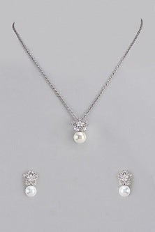 White Gold Plated Austrian Crystal & Pearl Pendant Necklace Set