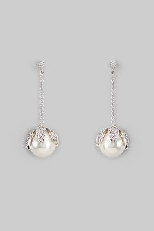 White Rhodium Finish Austrian Crystal & Pearl Dangler Earrings