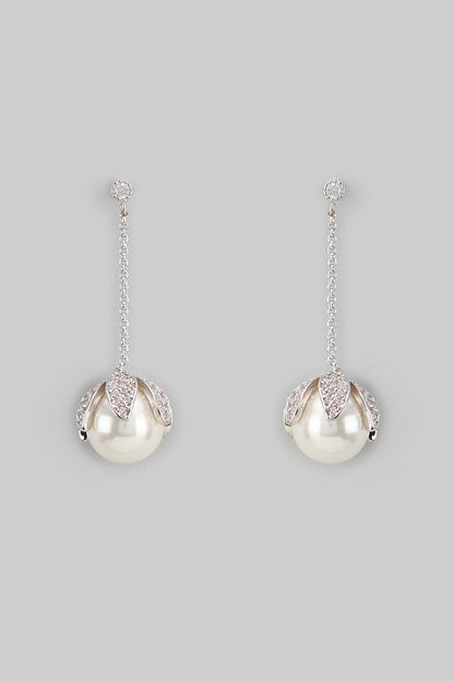 White Rhodium Finish Austrian Crystal & Pearl Dangler Earrings