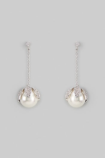 White Rhodium Finish Austrian Crystal & Pearl Dangler Earrings
