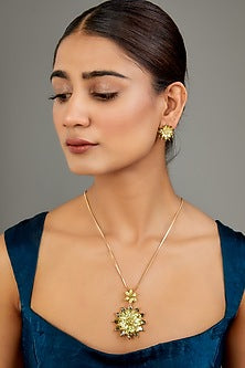 Gold Finish Green Austrian Crystal & Zircon Long Necklace Set