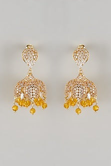 Gold Plated Yellow & White Crystal Jhumka Earrings