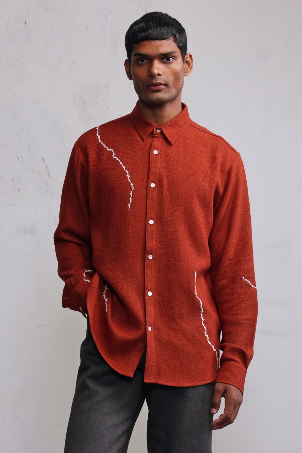Rust Cotton Herringbone Hand Embroidered Shirt