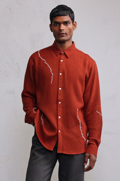 Rust Cotton Herringbone Hand Embroidered Shirt