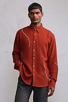 Rust Cotton Herringbone Hand Embroidered Shirt