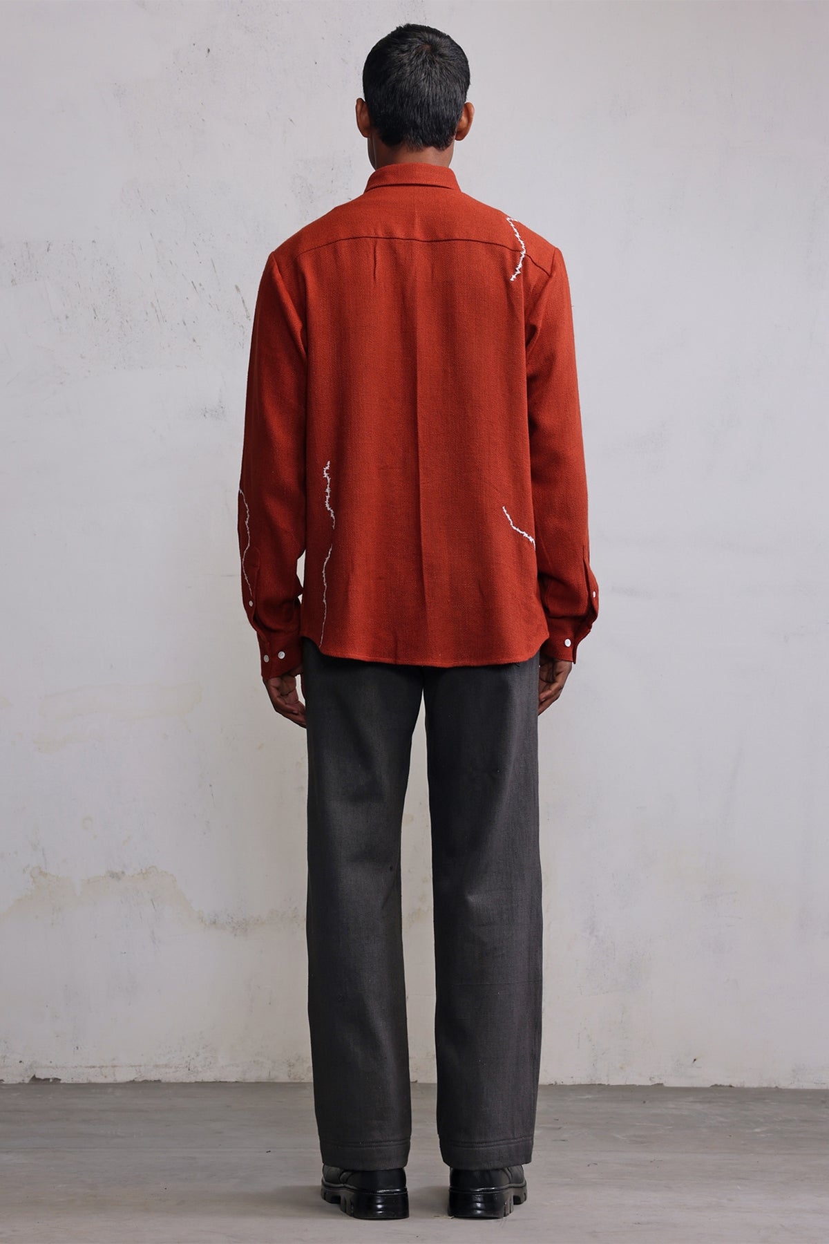 Rust Cotton Herringbone Hand Embroidered Shirt