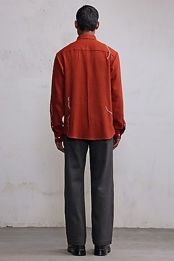 Rust Cotton Herringbone Hand Embroidered Shirt