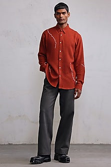 Rust Cotton Herringbone Hand Embroidered Shirt