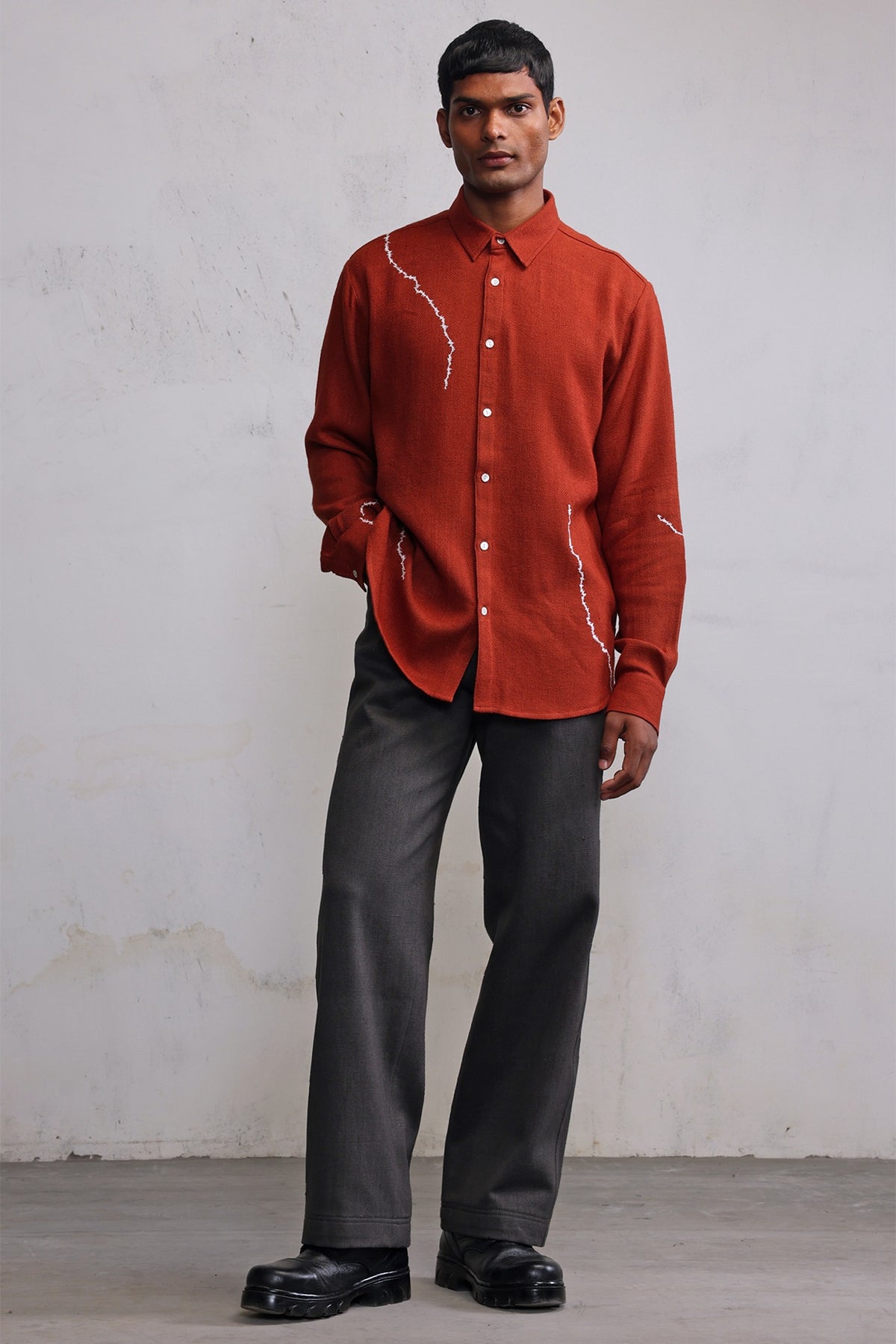 Rust Cotton Herringbone Hand Embroidered Shirt