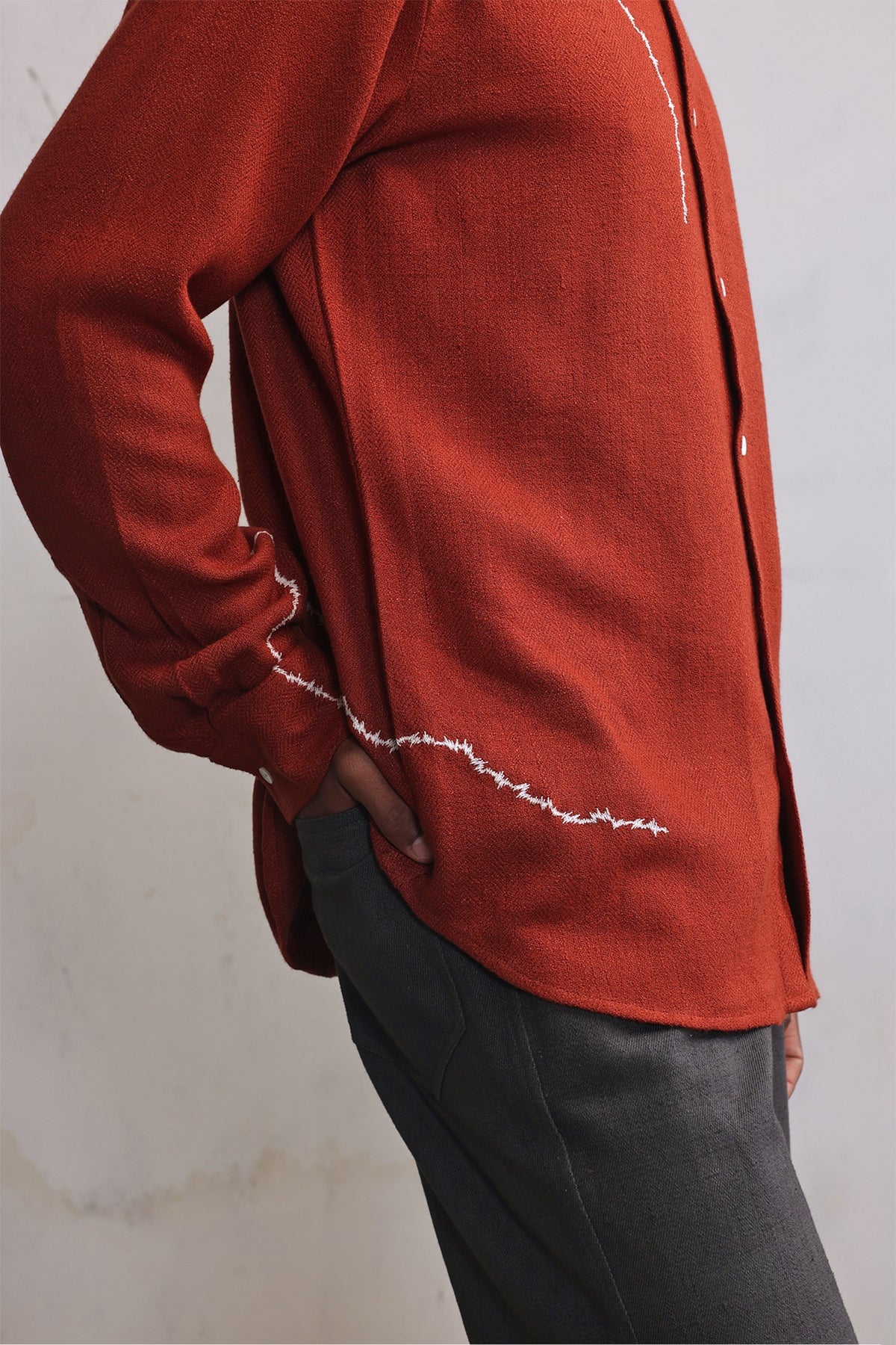 Rust Cotton Herringbone Hand Embroidered Shirt