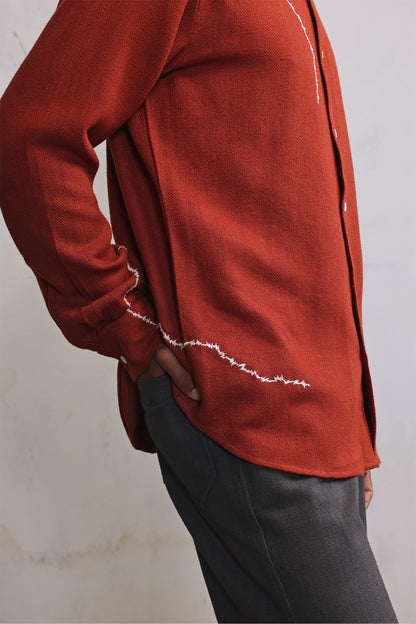 Rust Cotton Herringbone Hand Embroidered Shirt