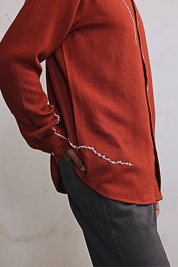 Rust Cotton Herringbone Hand Embroidered Shirt