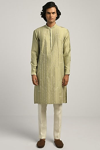 Spring Sage Green Chanderi Hand Embroidered Kurta Set