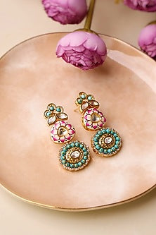Gold Plated Kundan Polki Enamelled Dangler Earrings