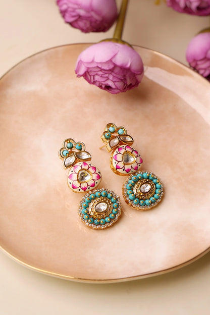 Gold Plated Kundan Polki Enamelled Dangler Earrings