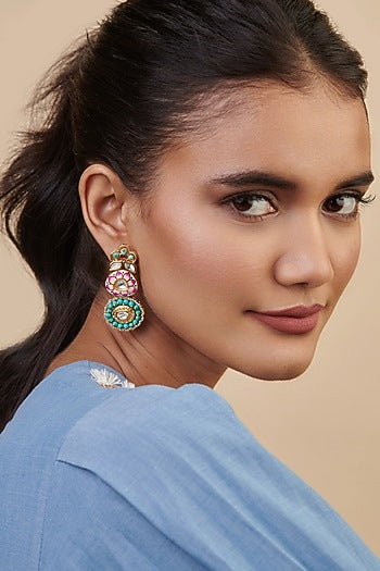 Gold Plated Kundan Polki Enamelled Dangler Earrings