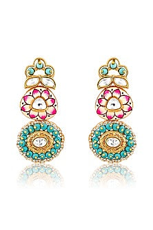 Gold Plated Kundan Polki Enamelled Dangler Earrings