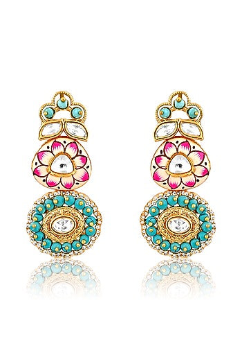 Gold Plated Kundan Polki Enamelled Dangler Earrings