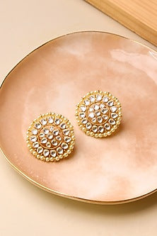 Gold Plated Kundan Polki & Pearl Stud Earrings
