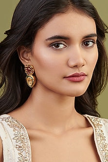 Gold Plated Red Kundan Polki Dangler Earrings