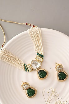 Gold Plated Kundan Polki & Green Carved Stone Necklace Set