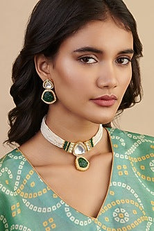 Gold Plated Kundan Polki & Green Carved Stone Necklace Set