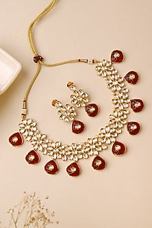 Gold Plated Kundan Polki & Red Carved Stone Necklace Set