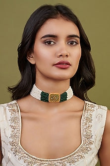 Gold Plated Crystalline & Faux Pearl Choker Necklace