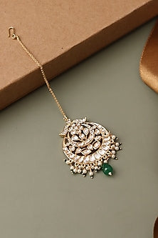 Gold Plated Kundan Polki & Green Drop Maangtikka
