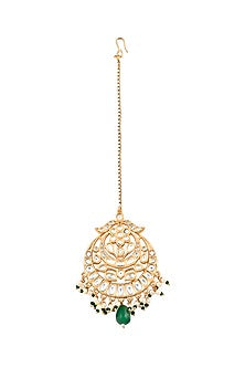 Gold Plated Kundan Polki & Green Drop Maangtikka