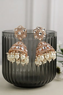 Gold Plated Kundan Polki & Pearl Jhumka Earrings