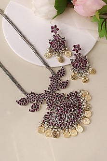 Two-Tone Finish Pink Semi-Precious Stone Necklace Set