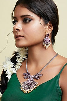 Two-Tone Finish Pink Semi-Precious Stone Necklace Set
