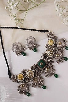 Two-Tone Finish Green Floral Stone & Pearl Choker Necklace Set