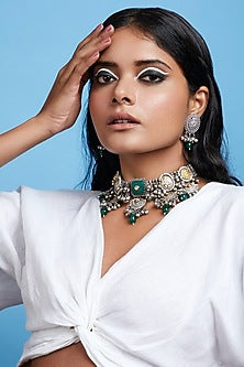 Two-Tone Finish Green Floral Stone & Pearl Choker Necklace Set