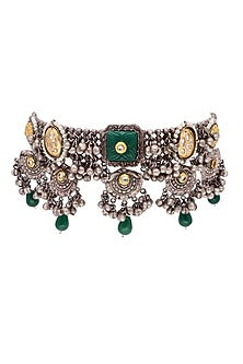 Two-Tone Finish Green Floral Stone & Pearl Choker Necklace Set