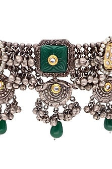 Two-Tone Finish Green Floral Stone & Pearl Choker Necklace Set