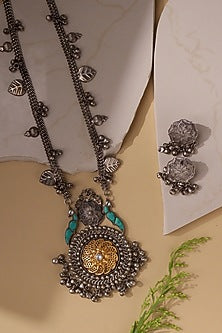 Two-Tone Finish Turquoise Semi-Precious Stone Long Necklace Set
