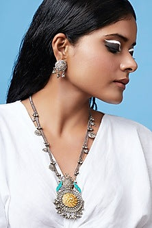 Two-Tone Finish Turquoise Semi-Precious Stone Long Necklace Set
