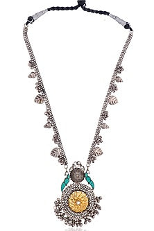Two-Tone Finish Turquoise Semi-Precious Stone Long Necklace Set