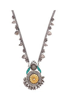 Two-Tone Finish Turquoise Semi-Precious Stone Long Necklace Set
